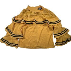 Mustard Tiered Ruffle Layers Blouse Mesh Neck Bell Sleeves Carnival Lux M